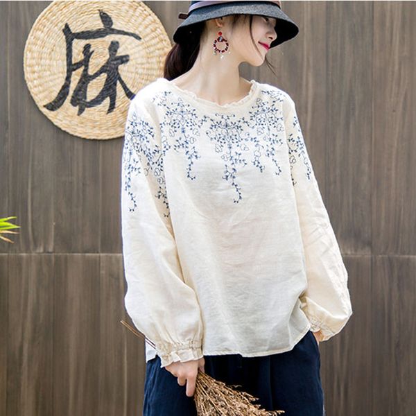 

johnature 2018 autumn embroidery casual vintage full sleeve solid color loose o-neck ruffled new women linen t-shirts, White