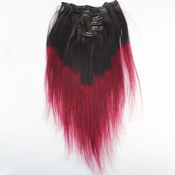 1b Red Straight Ombre Clip Ins Two Tone Virgin Brazilian Clip In
