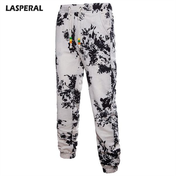 

casual men pants floral print plus size linen joggers hip hop street wear brand male summer loose pants, Black