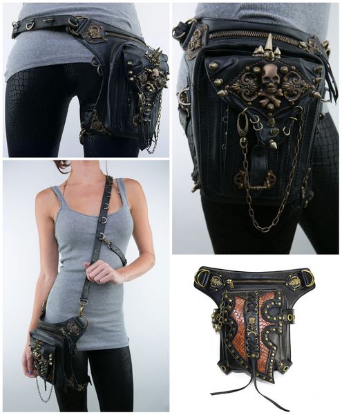 

2 style stylish women skull rivet punk messenger waist bag train apparatus cell phone belt bag cool motorcycle equipment leg bag g212s