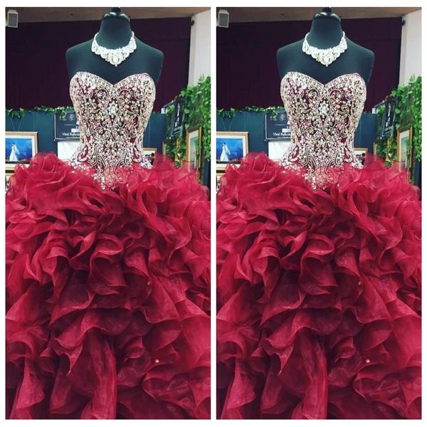 

luxurious crystal beaded puffy quinceanera dresses organza ruffles ball gowns 2018 burgundy vestidos de 15 anos sweet 16 prom gowns, Blue;red