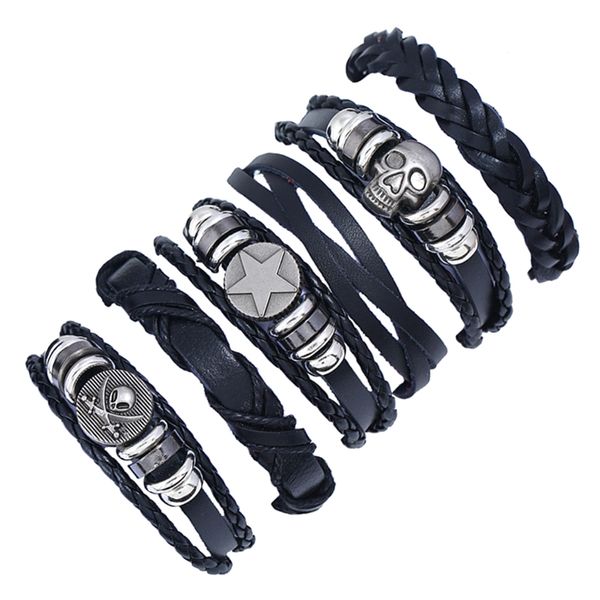 

vintage punk wrap bracelet men 6pcs/set multilayer leather braided charm bracelets for women wristband jewellery drop shipping, Golden;silver