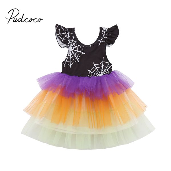 

2018 brand new 1-6y toddler baby girls halloween party spider web dress lace patchwork petal sleeve colorful chiffon tutu dress, Red;yellow