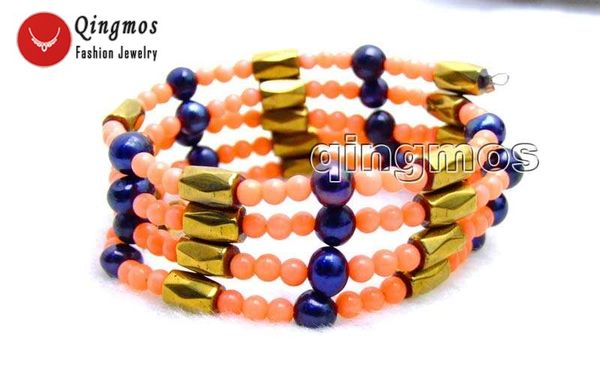 

qingmos natural coral bracelet for women with pink coral & hematite magnetic & black pearl necklace bracelet jewelry 29'' ne6068