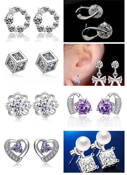 

mix 12 style luxury cubic zircon crystal stud earrings s925 platinum plated bow clover cat love heart round square stud earrings, Golden;silver