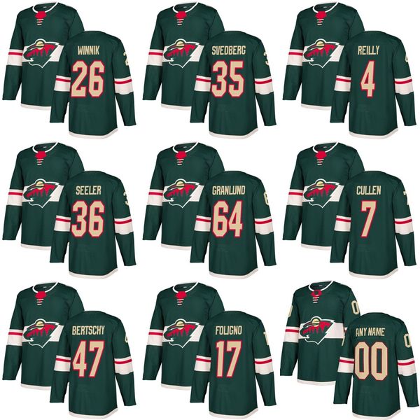 

mens minnesota wild jersey 26 daniel winnik 64 mikael granlund 35 niklas svedberg 4 mike reilly 36 nick seeler hockey jerseys home green, Black;red