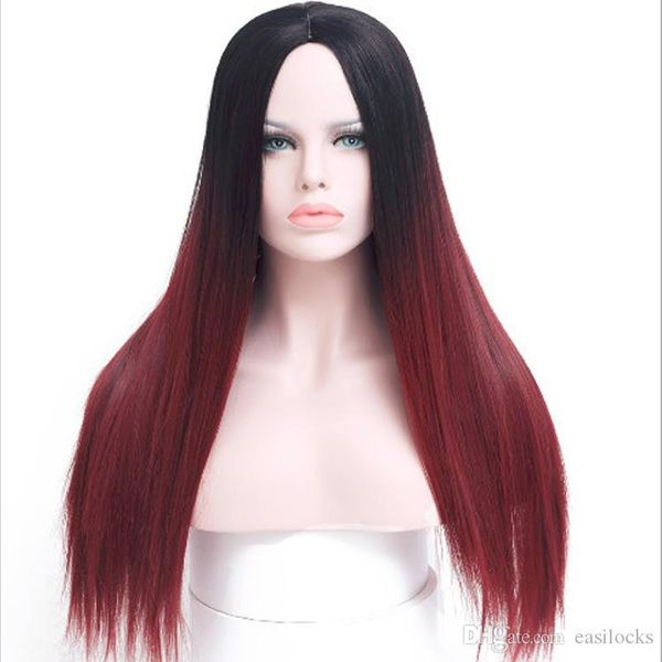 Synthetic Long Straight Wig Ombre Burgundy Hair For Women Dark