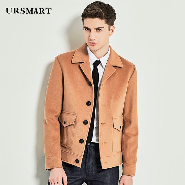 

ursmart autumn winter new style pasted bag wool coat men's fashion camel color men's coat british short men, Black
