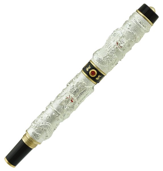 

jinhao vintage luxurious fountain pen double dragon playing pearl, silver & black metal carving embossing heavy pen collection
