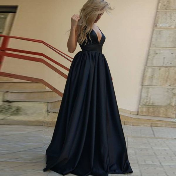 

black lace up prom dress v neck backless sleeveless long satin prom dresses vestidos de fiesta