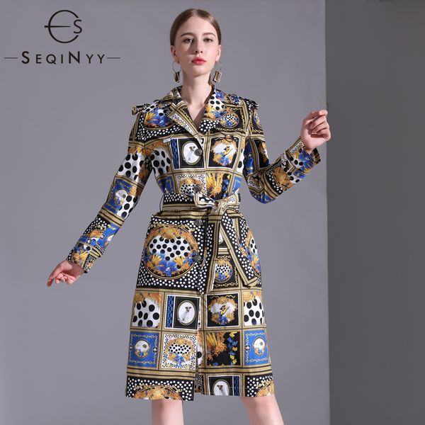 

seqinyy vintage trench coat 2018 autumn winter new woman fashion turn-down collar full sleeve plus 6xl belt printed long coat, Tan;black