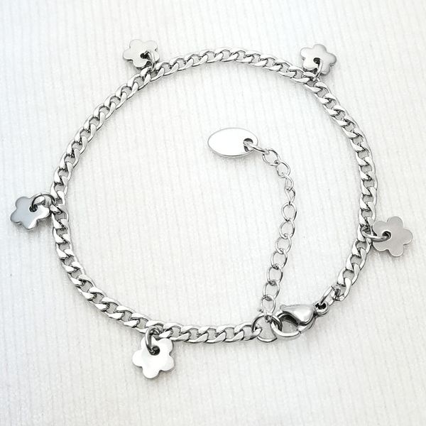 

stamp s925 silver tone flower deco. women lady girl stainless steel bracelet anklets jewelry adjustable 19cm-28cm b206, Black