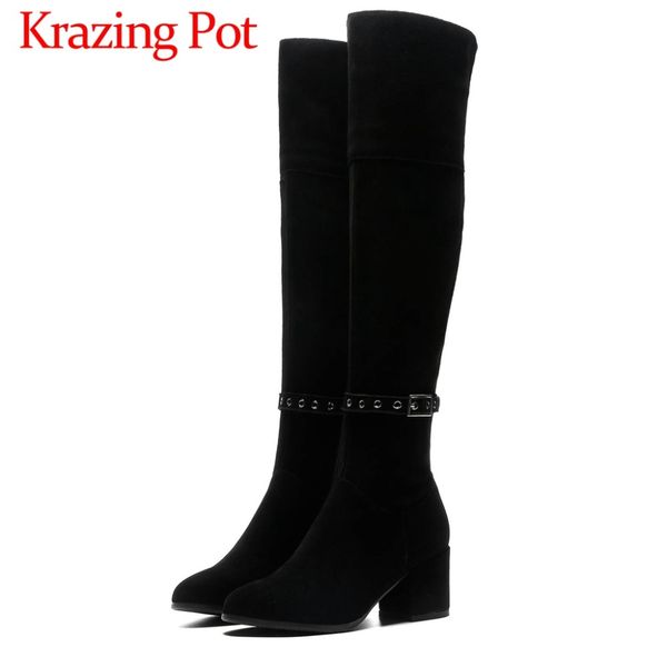 

black color european station plus size round toe high thick heels natural leather zipper thigh high boots new fashion shoes l84