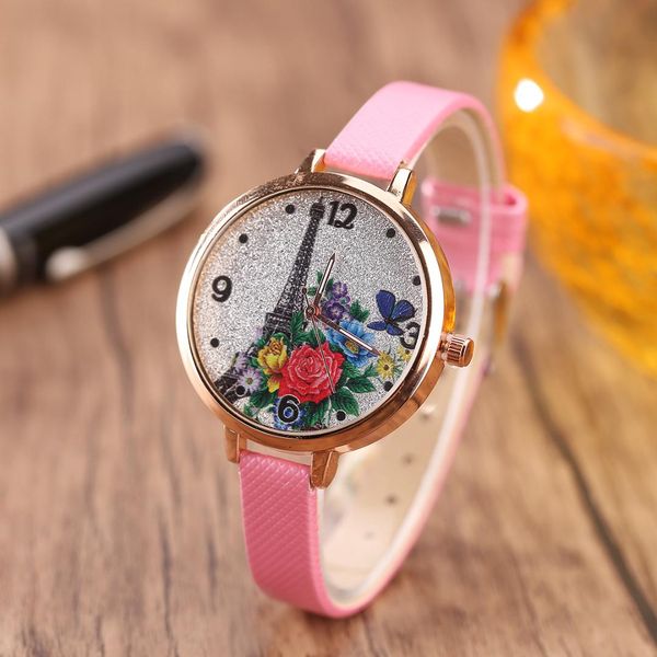 

luxury bohemia women watch flower butterfly eiffel tower quartz watch leather strap ladies watches female children clock relogio, Slivery;brown