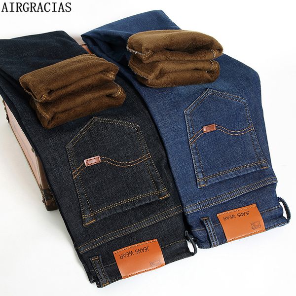 

airgracias brand 2018 new men's thicken fleece elastic jeans fashion business classic winter jeans denim pants trousers for male, Blue
