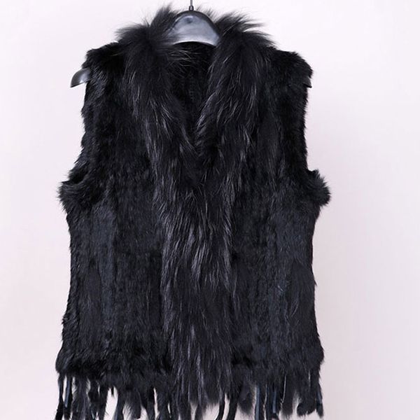 

women's natural real rabbit fur vest with raccoon fur collar waistcoat/jackets rex rabbit knitted spring winter, Black