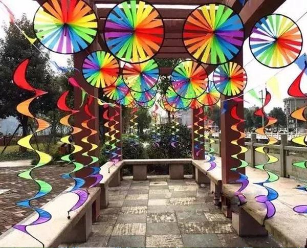 

Outdoor rainbow piral windmill wind ock garden decorate durable rotate portable wind pinner coloured ribbon knitting folding mma631