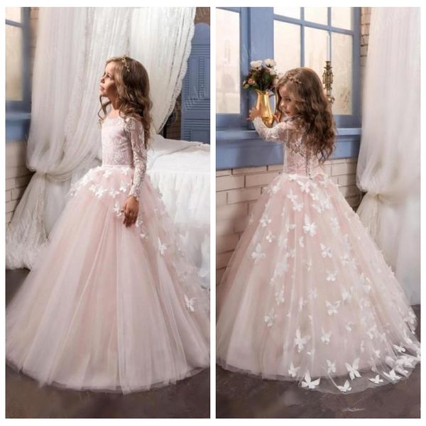

O-Neck Long Sleeves Flower Girl Dresses With Butterfly Custom Lace Girls Pageant Party Gowns Custom 2018 Formal Kids Wear Cheap