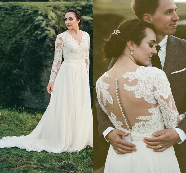 

2018 long sleeve country wedding dresses v neck sweep train appliques illusion bodice chiffon garden beach bohemian bridal gowns plus size, White