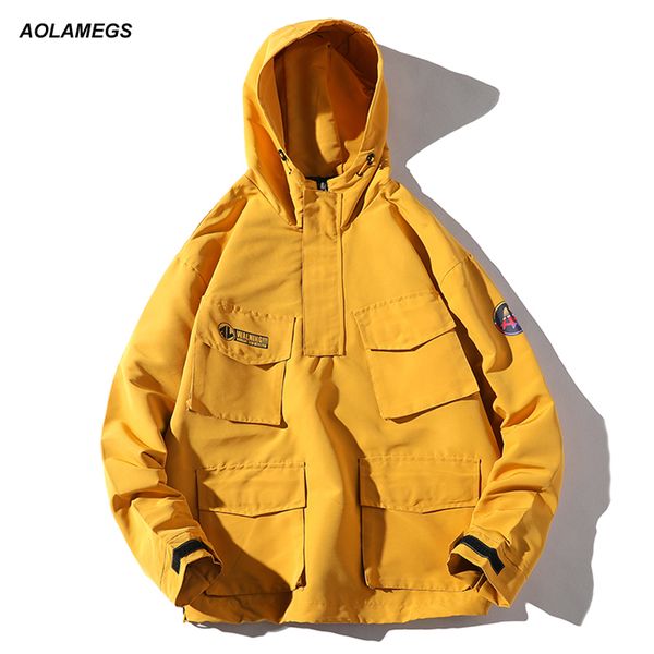 

aolamegs men jacket cargo bomber jackets windbreaker outwear loose style multi-pockets windproof zipper coat streetwear 2018, Black;brown
