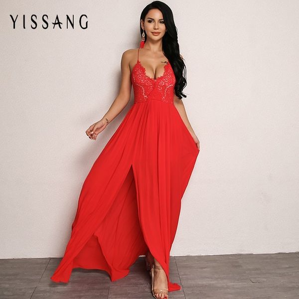 

yissang deep v neck lace women dress summer 2018 sleeveless dresses high waist maxi long solid party club dress vestidos, White;black