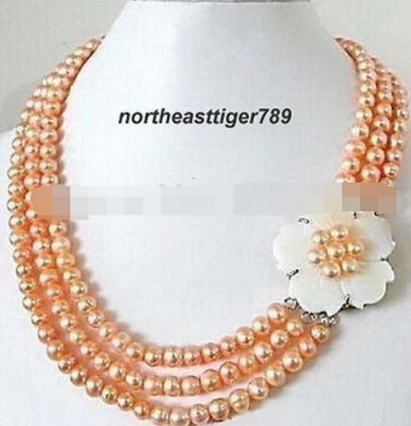

3 rows real pink pearl white shell flower necklace, Silver