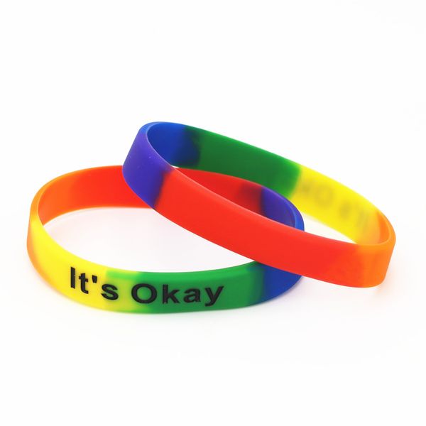 

1pc fashion rainbow colour pride silicone wristband it's okay silicone bracelet &bangles women men gift jewelry sh172, Golden;silver