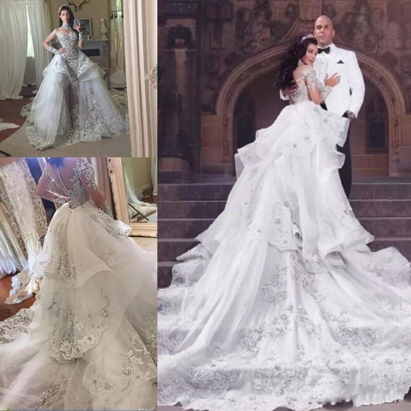 

Роскошные хрустальные свадебные платья Fantacy с отстегивающейся юбкой и высоким вырезом с длинными рукавами и бисером Аппликация Свадебные платья 2018 года Свадебное платье