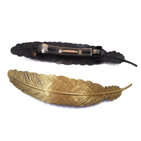 

brushed antique bronze 35pcs 23x110mm feather metal barrette hair clips findings for jewelry making hbf09, Golden;white