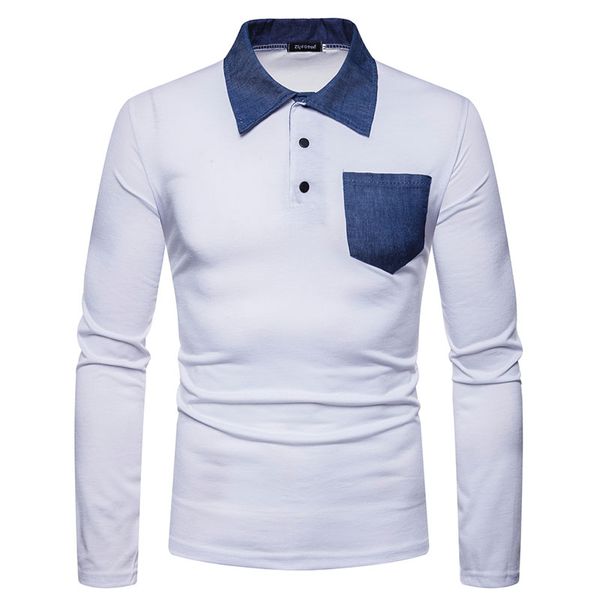 

business turn-down collar slim fit chest pocket patchwork men's t-shirts casual tshirt homme long sleeve t shirt mans, White;black