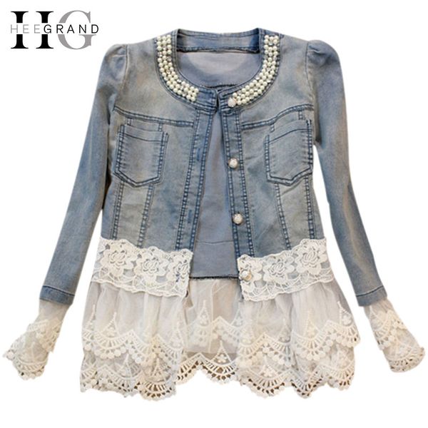 

wholesale-hee grand jeans jacket women casacos feminino slim lace patchwork beading denim lady elegant vintage jackets coat dropshipwwj084, Black;brown