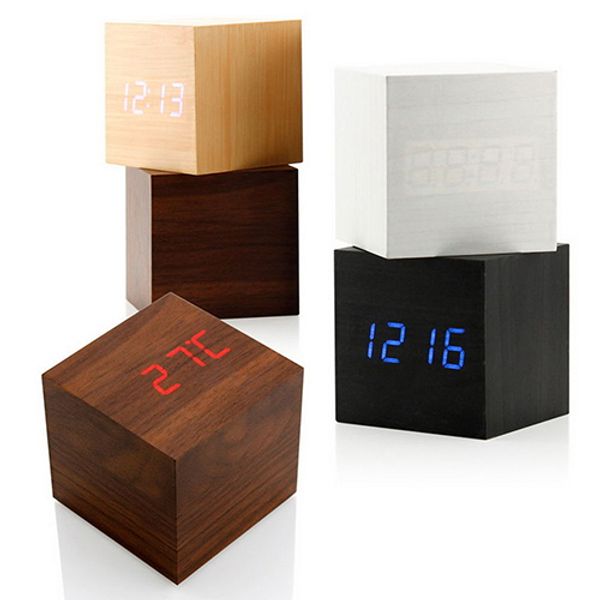 

voice control cube wooden clock usb/battery led digital desk alarm clock timer calendar 6cmx6cmx6cm drop shipping