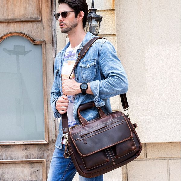 

crazy horse genuine leather men briefcase double pc pocket business laphandbag vintage cowhide male shoulder crossbody bag