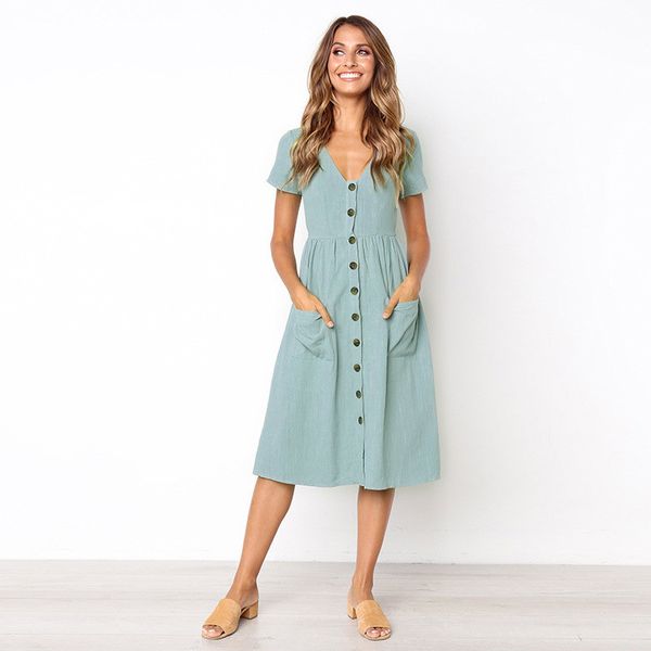 

short sleeve button pockets summer midi shirt dress women 2018 v-neck casual a-line linen lady party dresses beach sundress, Black;gray