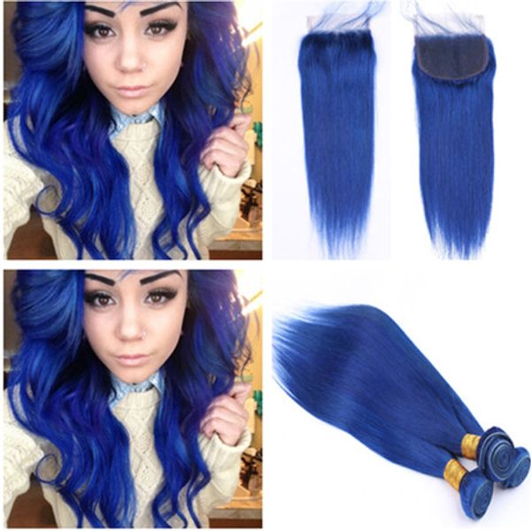 Indian Virgin Human Hair Dark Blue Weave Bundles With Closure