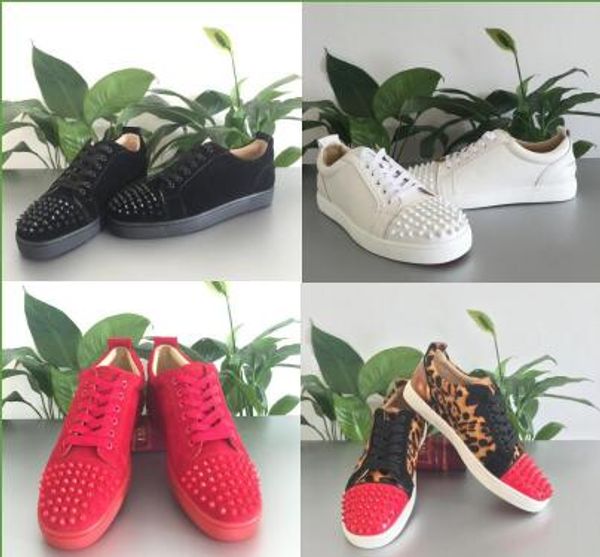 

18[original box] men shoes red bottom sneaker luxury party wedding shoes,genuine leather louisfalt spikes lace-up casual shoes 5colors 36-47, Black