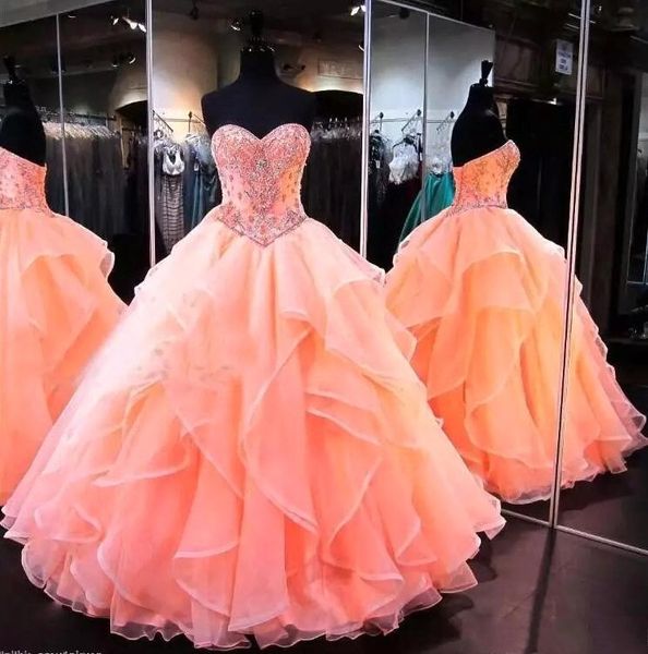 

2018 Гламурное коралловое бальное платье Платья Quinceanera Милая Sweet 16 Принцесса Ruched Органза Длина пола Корсет Назад театрализованное платье BA9115