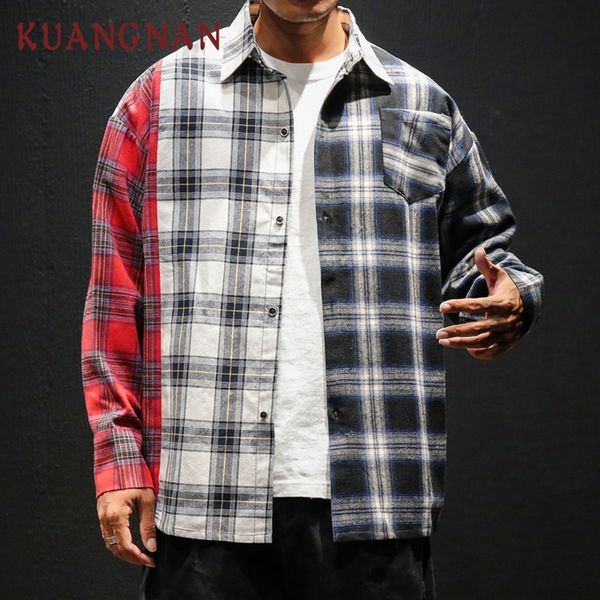 

kuangnan patchwork plaid men shirt long sleeve casual slim fit hip hop streetwear men shirt man casual clothes 2018, White;black