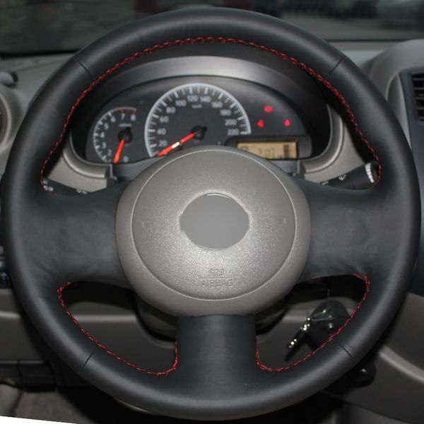 

black leather hand-stitched car steering wheel cover for nissan march sunny versa 2013 almera