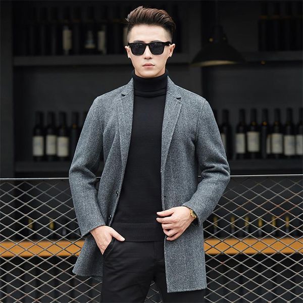 

fashion woolen coats winter autumn men trench coat long slim fit overcoat jacket wind coats fashion outerwear, Black