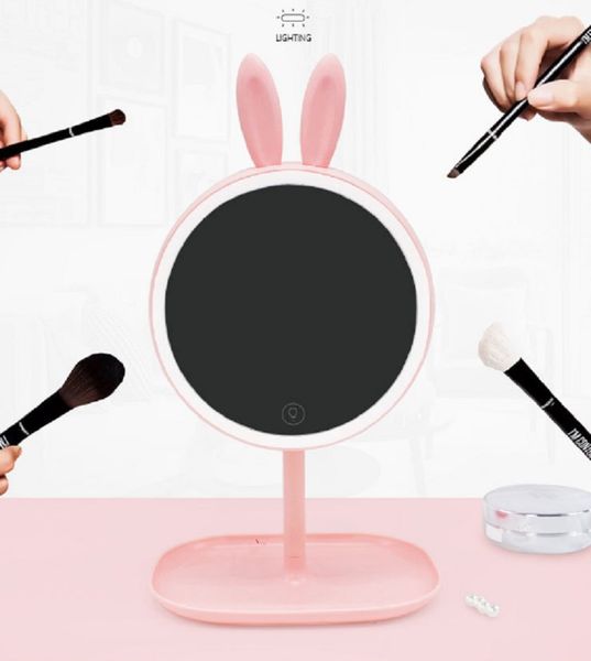 

makeup mirror lighted lamp led vanity travel portable rechargeable rabbit ear round natural light touch screen