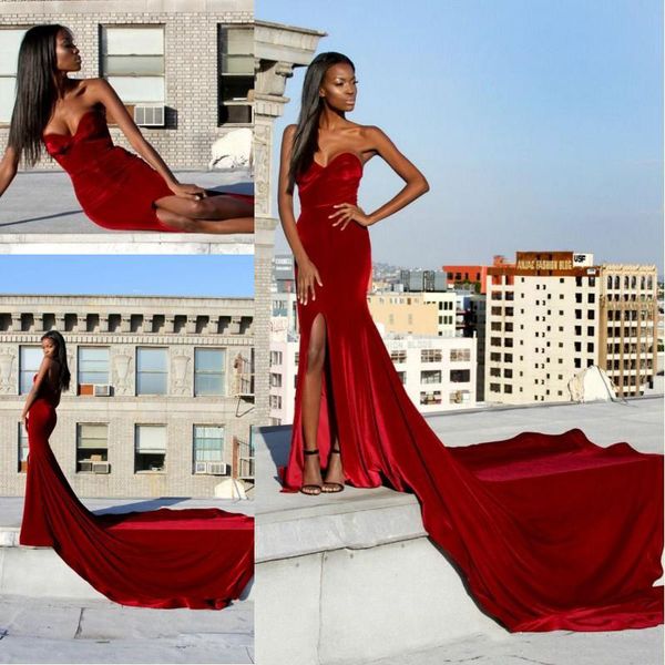 

glamorous mermaid prom dresses sweetheart side split evening party dresses red velvet prom gowns formal dresses for women, Black