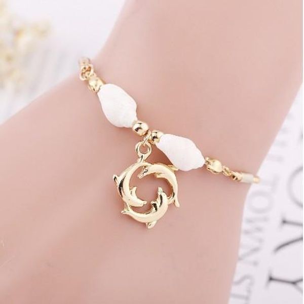 

dolphin shell charm extendable bracelets girls/ladies stylish rhinestoned charm alloy gold filled gothic hand chain bracelets, Golden;silver