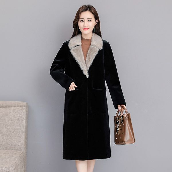 

winter womens faux fur long coat black fur collar slim fit sheep shearing overcoat office ladies outwear manteau femme hiver 3xl