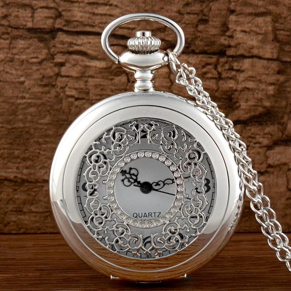 

new arrivals silver hollow quartz pocket watch with chain retro men women classic pendant necklace clock gift, Slivery;golden