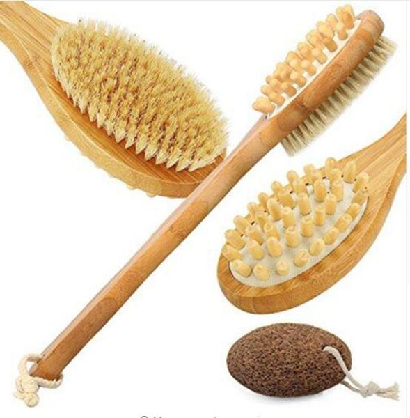 Escovas de banho corporal, Esponjas Seco Skin Brushing Back Scrubber para Exfoliating e Celulite Bamboo com Chuveiro de Alça Longa