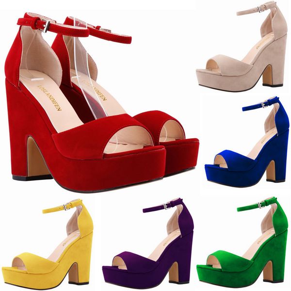 

summer ankle strap women pumps peep toe square high heels woman shoes flock platform wedding pumps us 4-11 d0124, Black