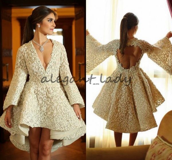

3d lace applique short holiday bridal wedding gown 2018 keyhole back v-neck ruffles puffy skirt long sleeve wedding dress ashi studio, White