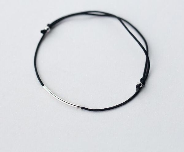 

real. 925 sterling silver jewelry black cord &"smile" bar thin tube lucky bar chain bracelet thin adjustable gtls340, Golden;silver