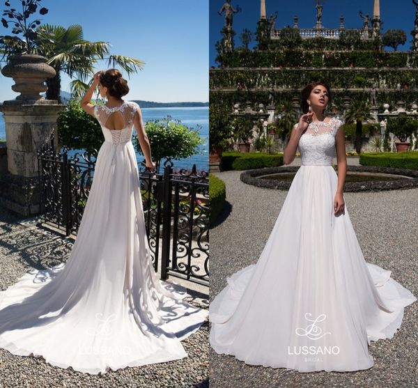 

summer garden beach wedding dresses a line sheer neck cap sleeves empire waist bridal gowns keyhole backless boho robe de soriee, White